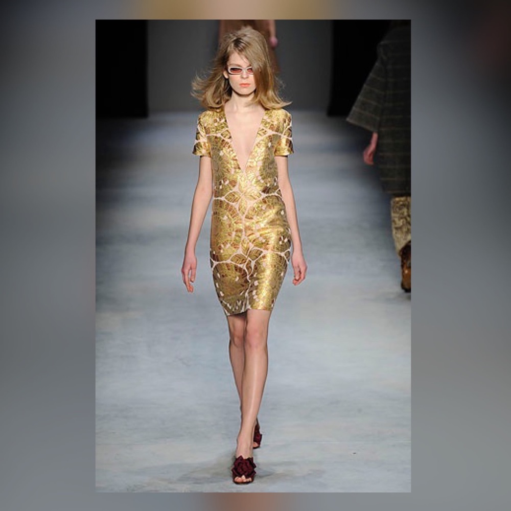 Gold Runway Floral Couture Brocade Dress - Picture 2 of 7